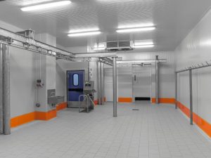 Empty cool room with tiled floor, metal rails, and a blue door, highlighting the importance of avoiding cool room temperature fluctuations.