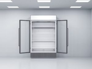 A commercial refrigerator with open glass doors, highlighting potential for damage from a commercial refrigerator power surge.