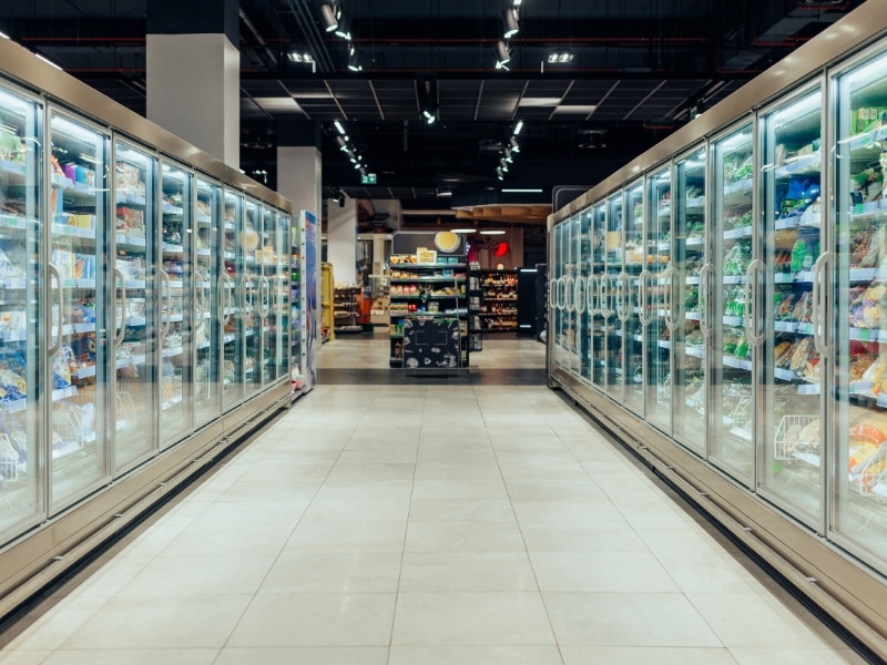 A supermarket aisle with commercial freezers stocked with frozen goods. Explore factors influencing commercial freezer repair costs and maintenance.
