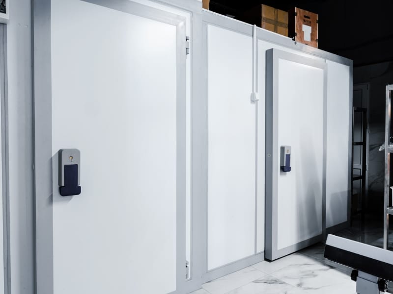 Industrial refrigeration systems fail, showing two white chiller cold room doors with grey frames and handles.