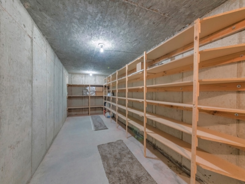 A cool room upgrade featuring sturdy timber shelving units against a concrete wall in a well-lit space.