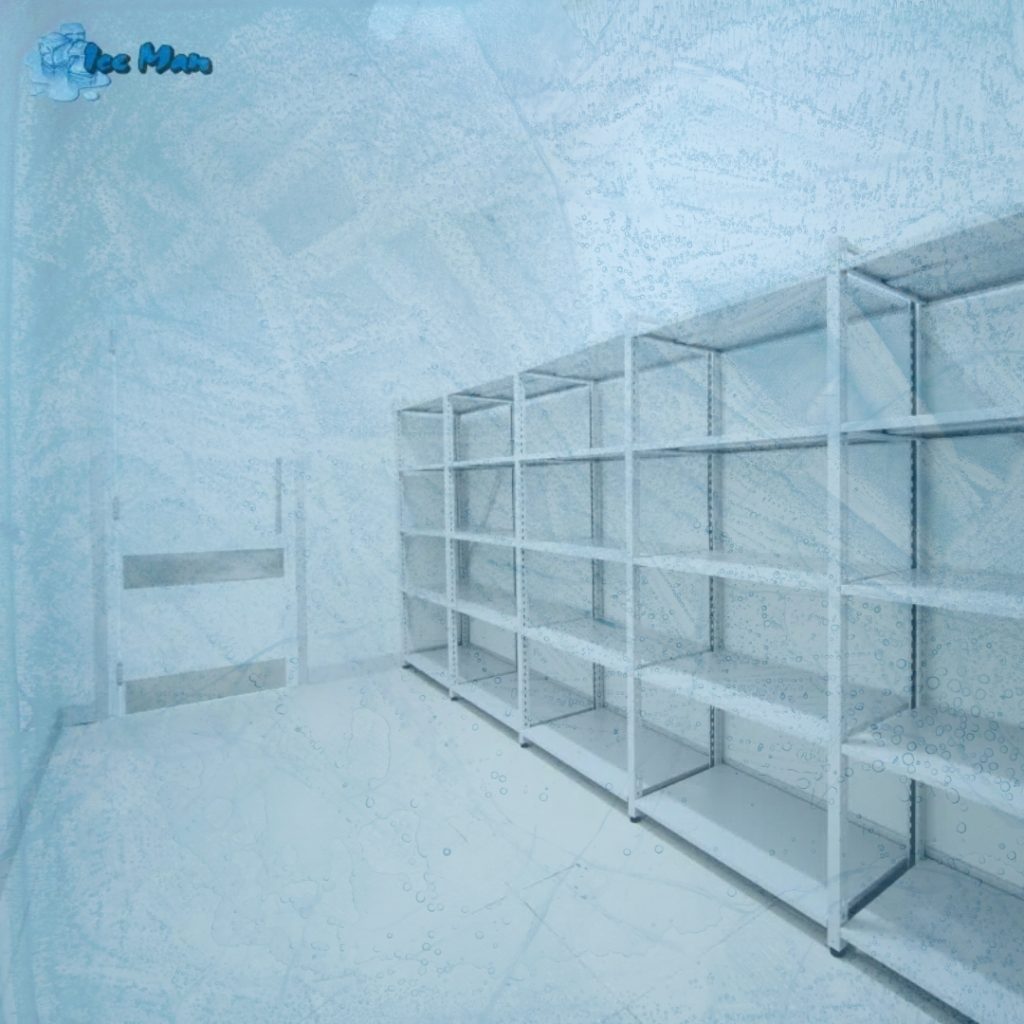 A clean, empty storage room showcasing white walls, tiled floors, and metal shelving units along one side, representing cool room repairs in Wahroonga. A closed door is visible.