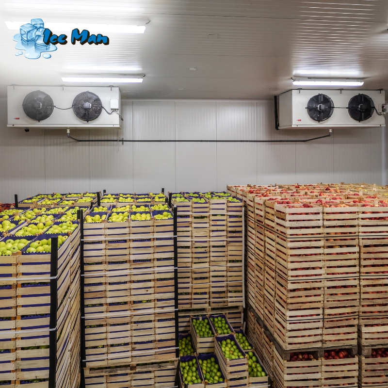 Cold storage room with crates of apples under refrigeration units, highlighting the importance of timely cool room repairs in Beecroft