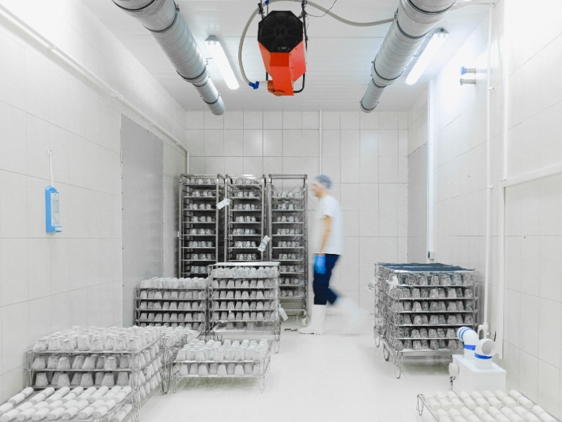 Cool room cleaning in a food storage area with worker, racks filled with packaged goods, and air ducts overhead.